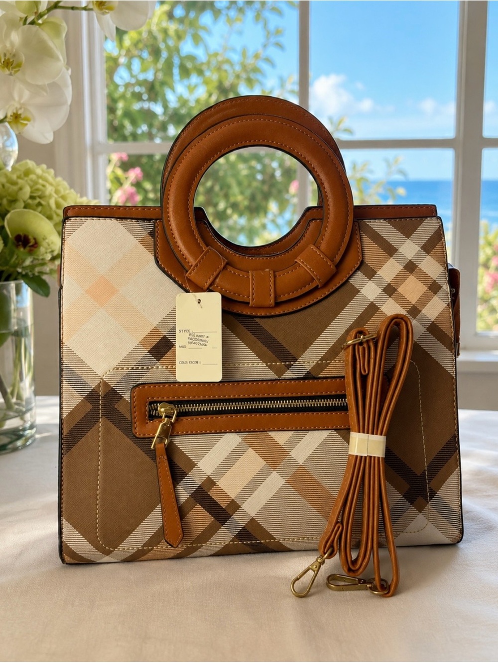 Plaid Structured Satchel Handbag with Round Handles & Shoulder Strap – Brown/Tan